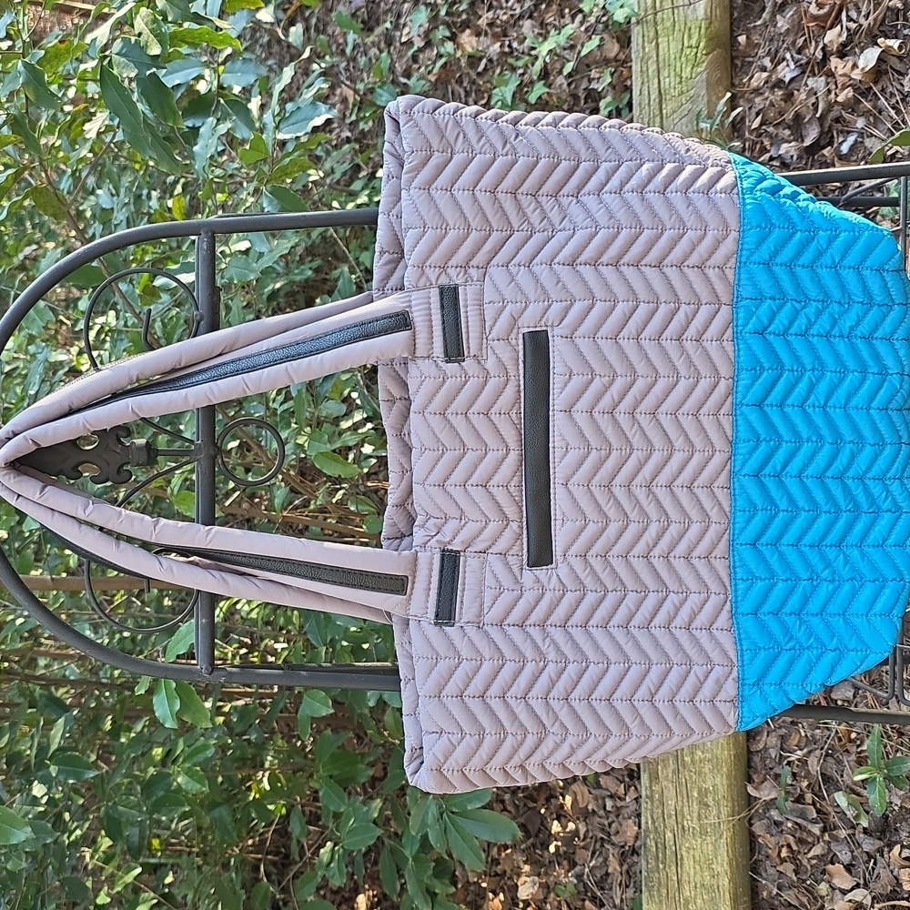 Rare Steve Madden Grey Blue Nylon Diamond Quilted Full Zip Tote Bag Purse 💙